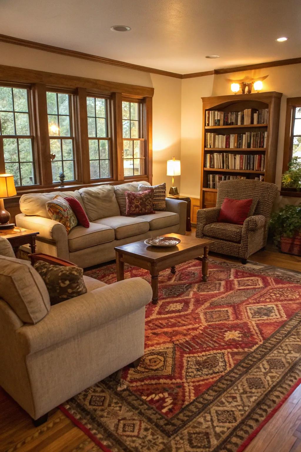 A textured rug brings warmth and style to the living room.