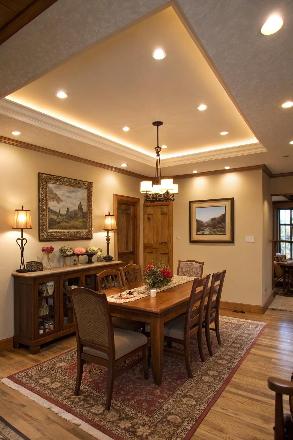 Minimalist recessed lighting in a dining room.