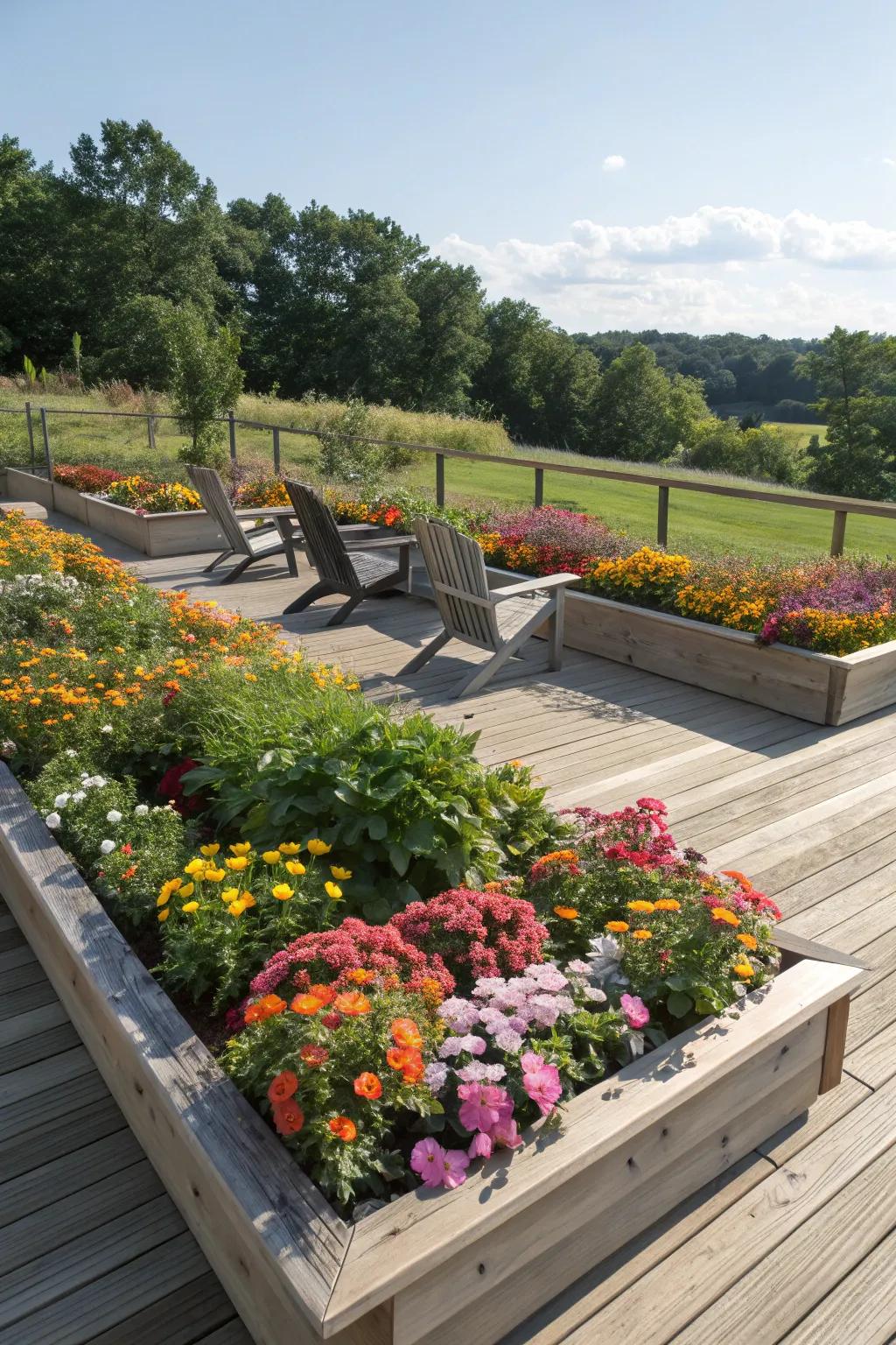 Raised planting beds filled with vibrant flowers surrounding a deck.