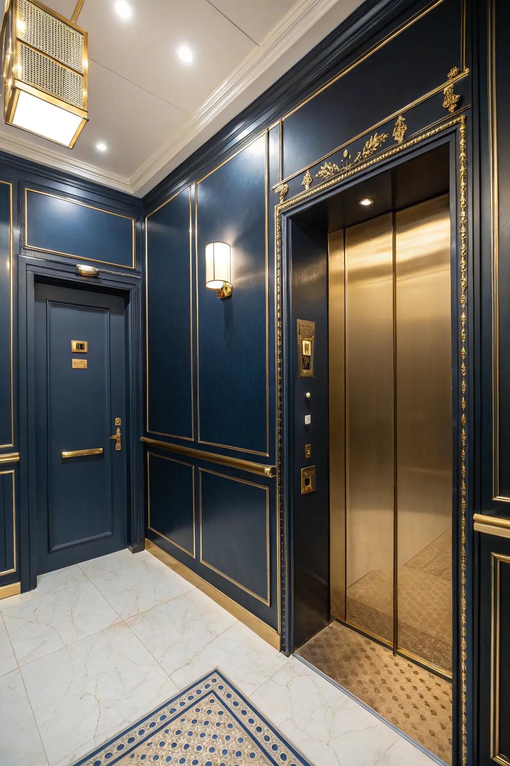 Rich colors create a luxurious and inviting elevator atmosphere.