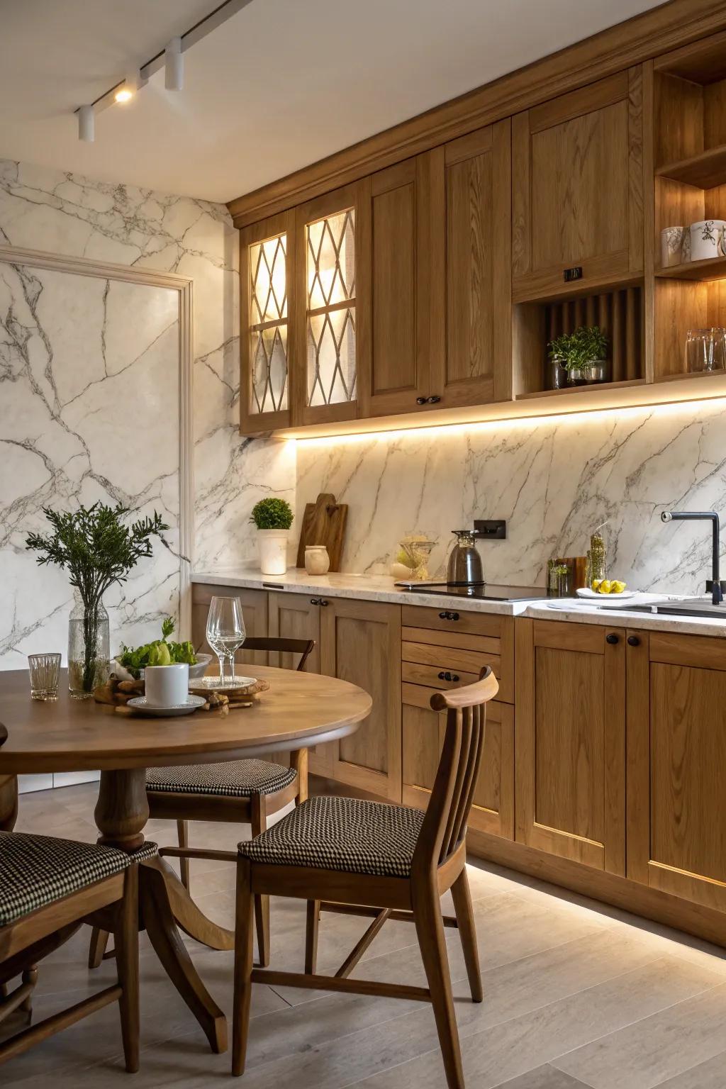 A harmonious mix of stone and timber creates an inviting kitchen atmosphere.