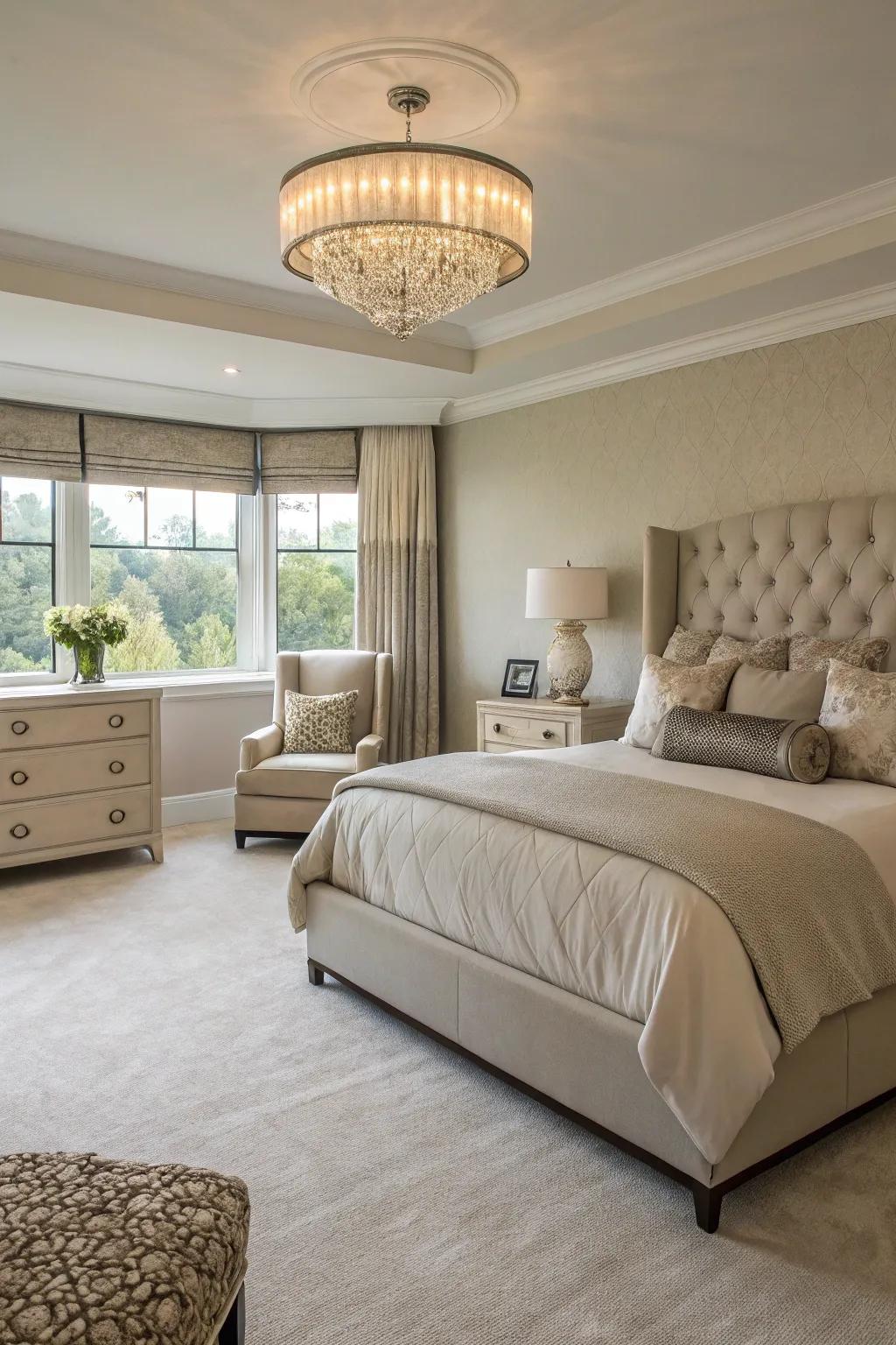 Accent furniture adds functionality and style to the master bedroom.