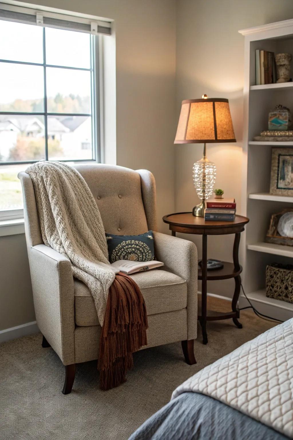 An intimate sleeping area corner furnished with a lounge chair and a small table.