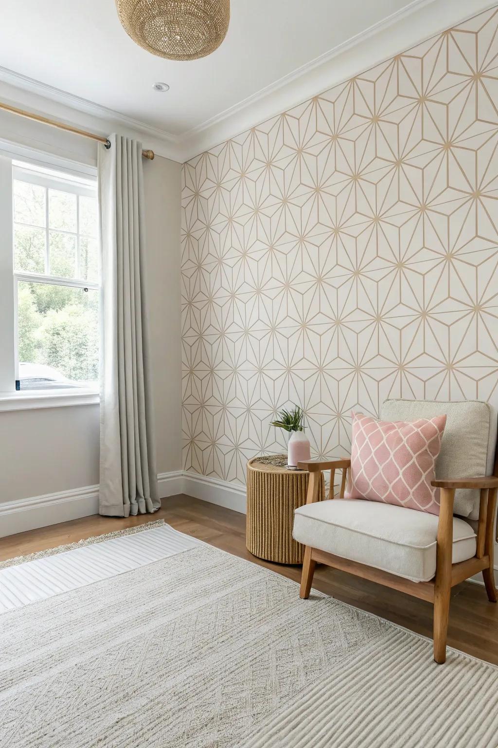 Minimalist space with subtle geometric mid-century wallpaper.