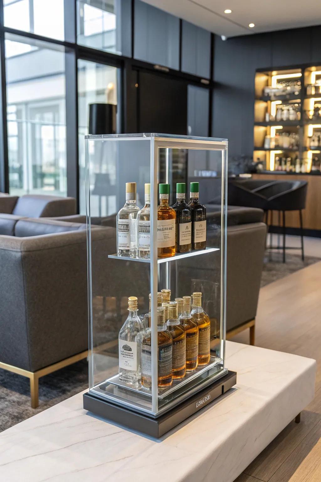 A sleek acrylic display case showcasing a selection of mini liquor bottles.