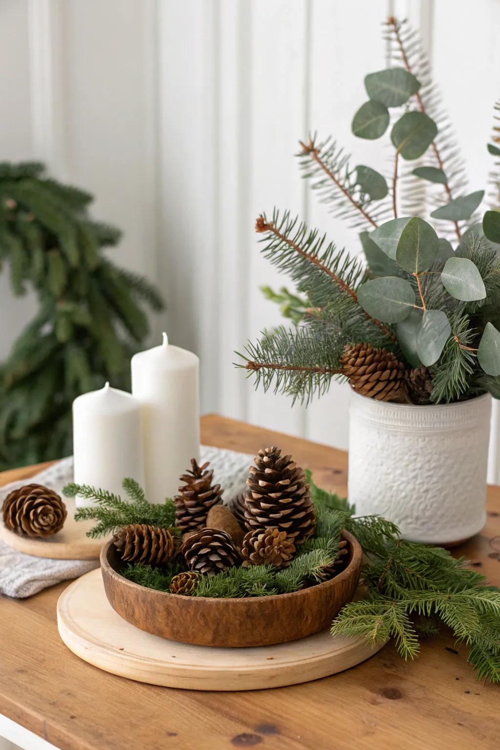 Natural elements like pinecones and eucalyptus enhance the minimalist Christmas decor.