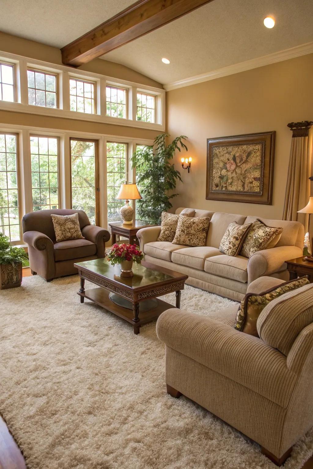 Inviting living room with a plush carpet enhancing the comfort of a spacious seating area