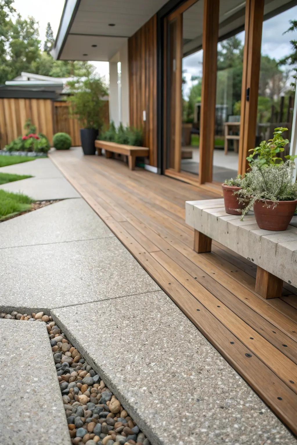 A mix of wood and aggregate creates a unique patio feel.