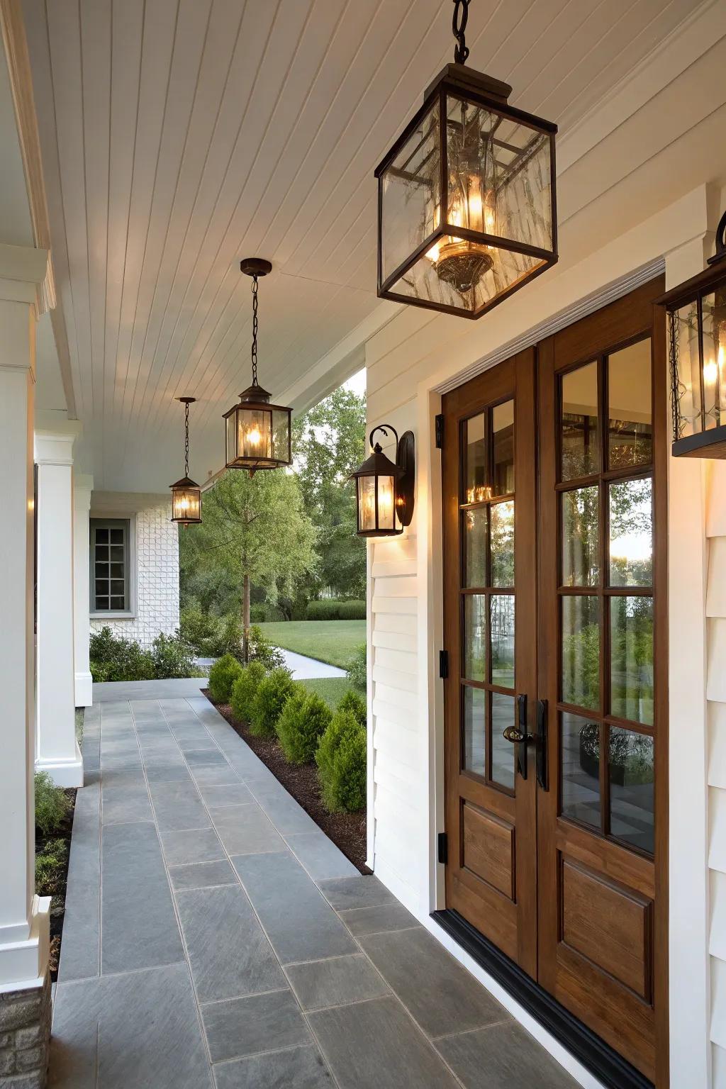 Stylish lighting enhances the ambiance of a modern porch.