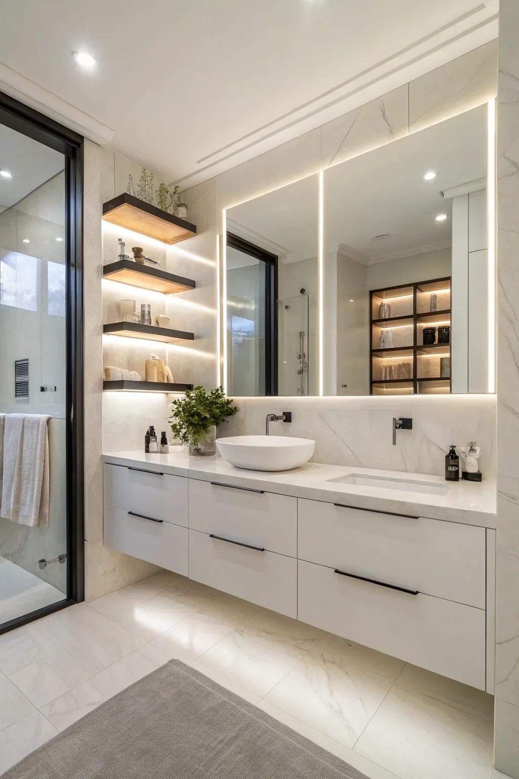 A bathroom featuring functional storage solutions with floating shelves and sleek cabinetry.