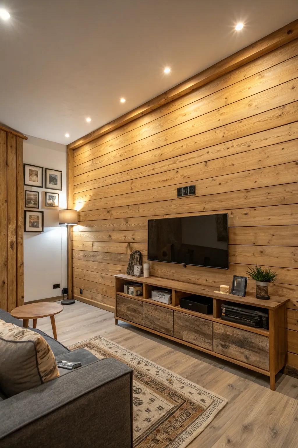 Natural wood paneling adds warmth and a rustic touch to the modern living room.