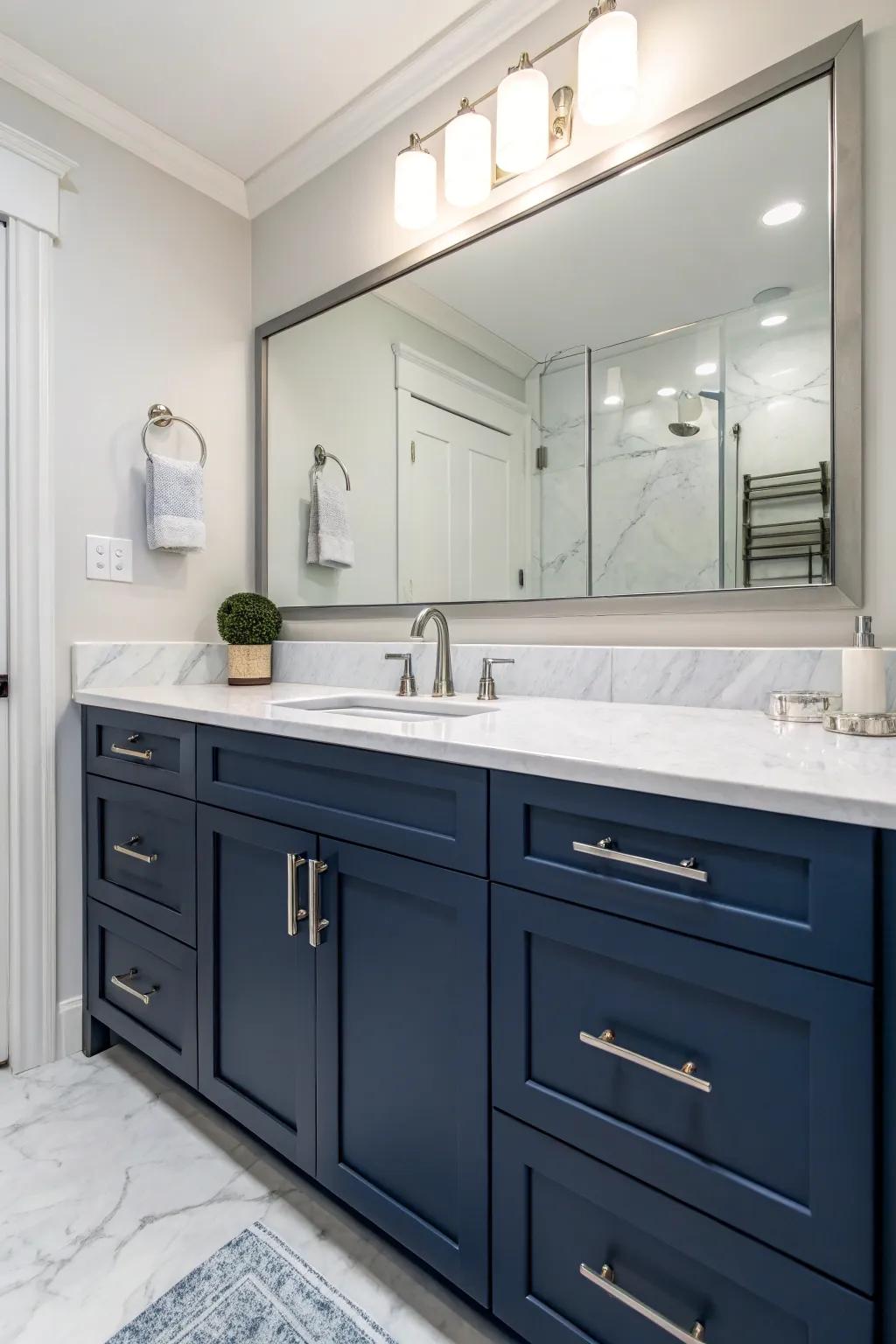 Marble countertops add a luxurious touch to navy blue cabinets.