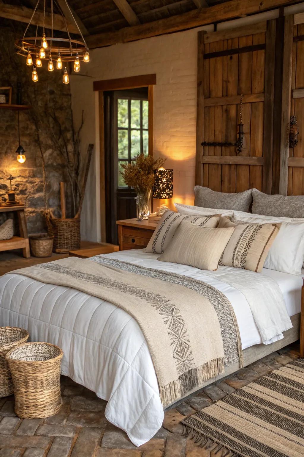 Natural textiles bring comfort and depth to a modern Spanish bedroom.