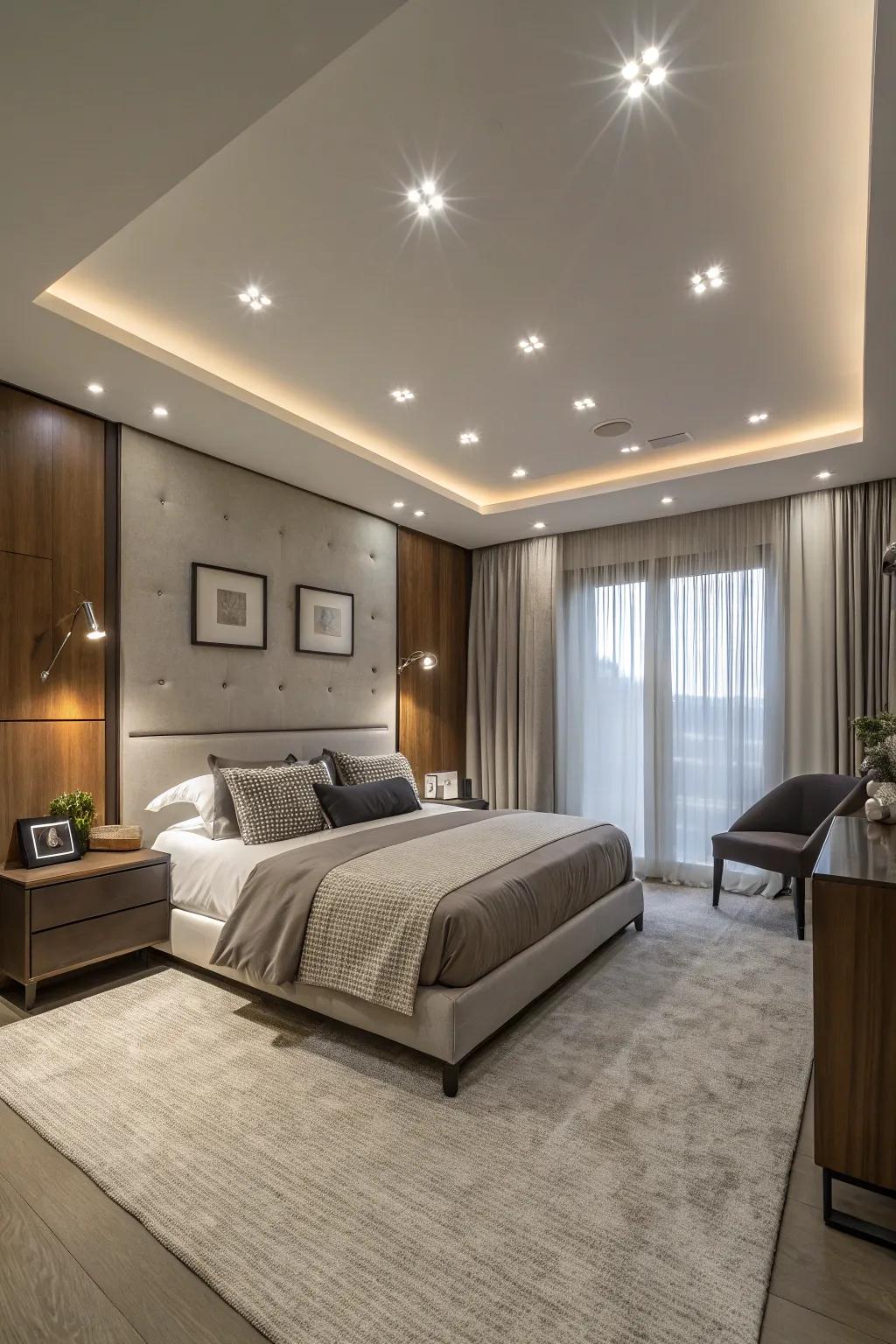 Sleek and modern with recessed spotlights.