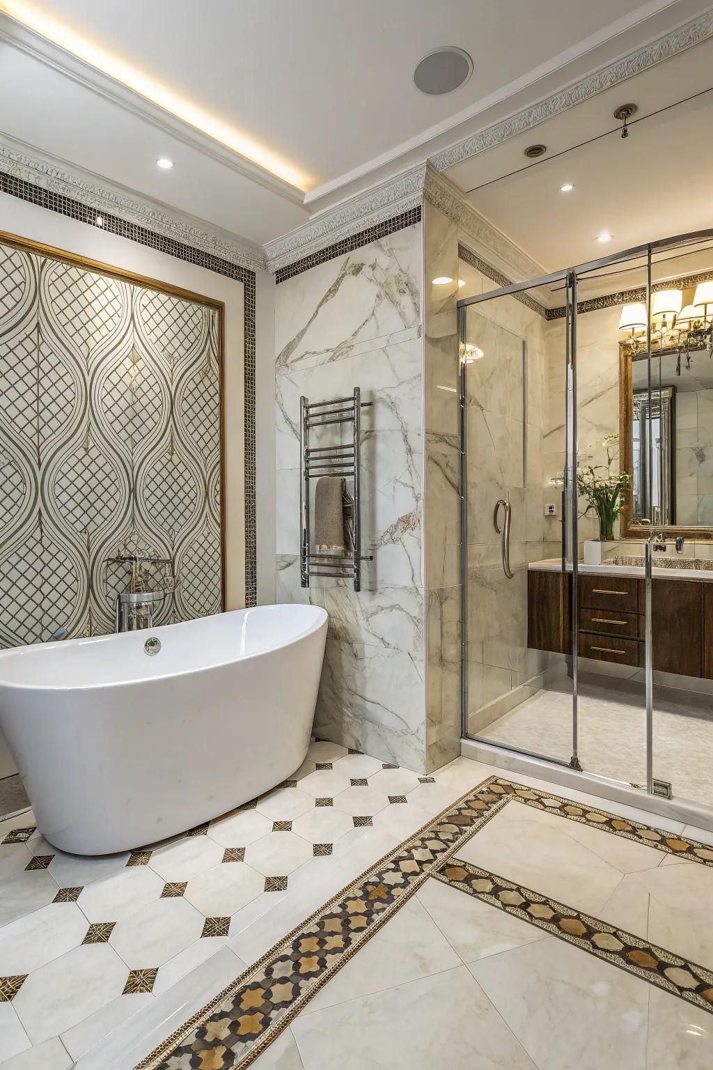 A bathroom featuring luxurious marble mosaic accents.