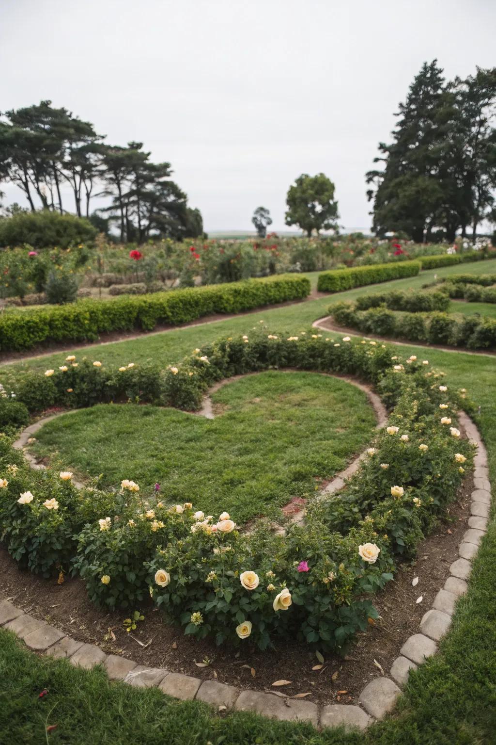 Moss roses arranged in a heart pattern for a unique garden design.