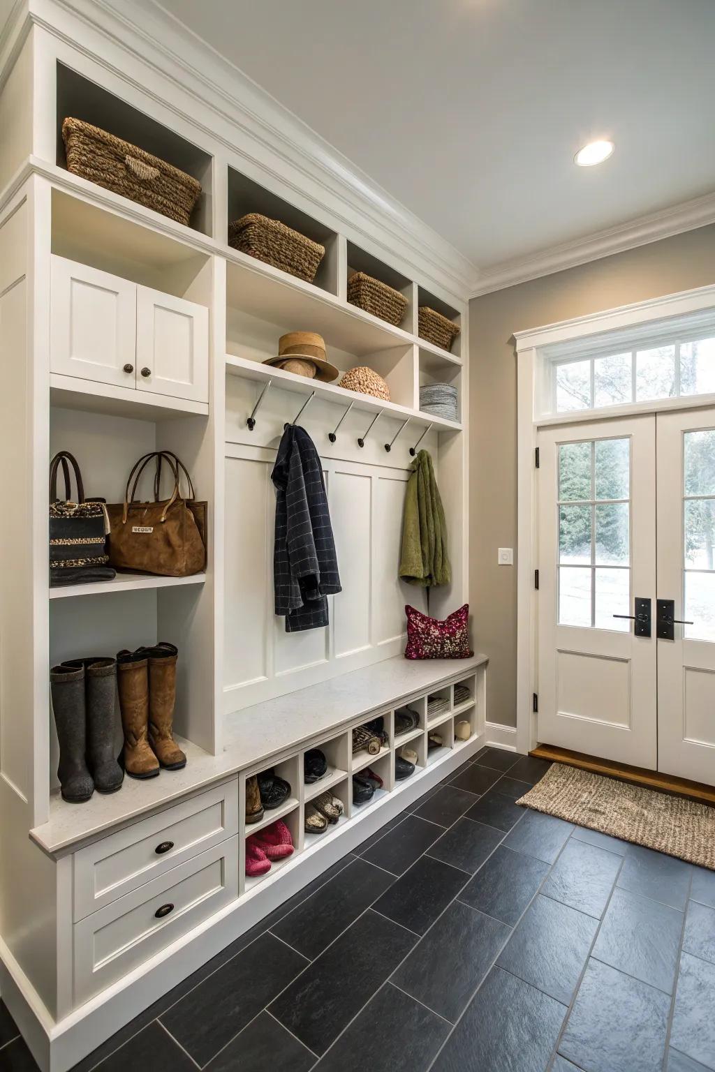 A mudroom featuring sleek built-in cabinets with adjustable shelving for versatile storage.