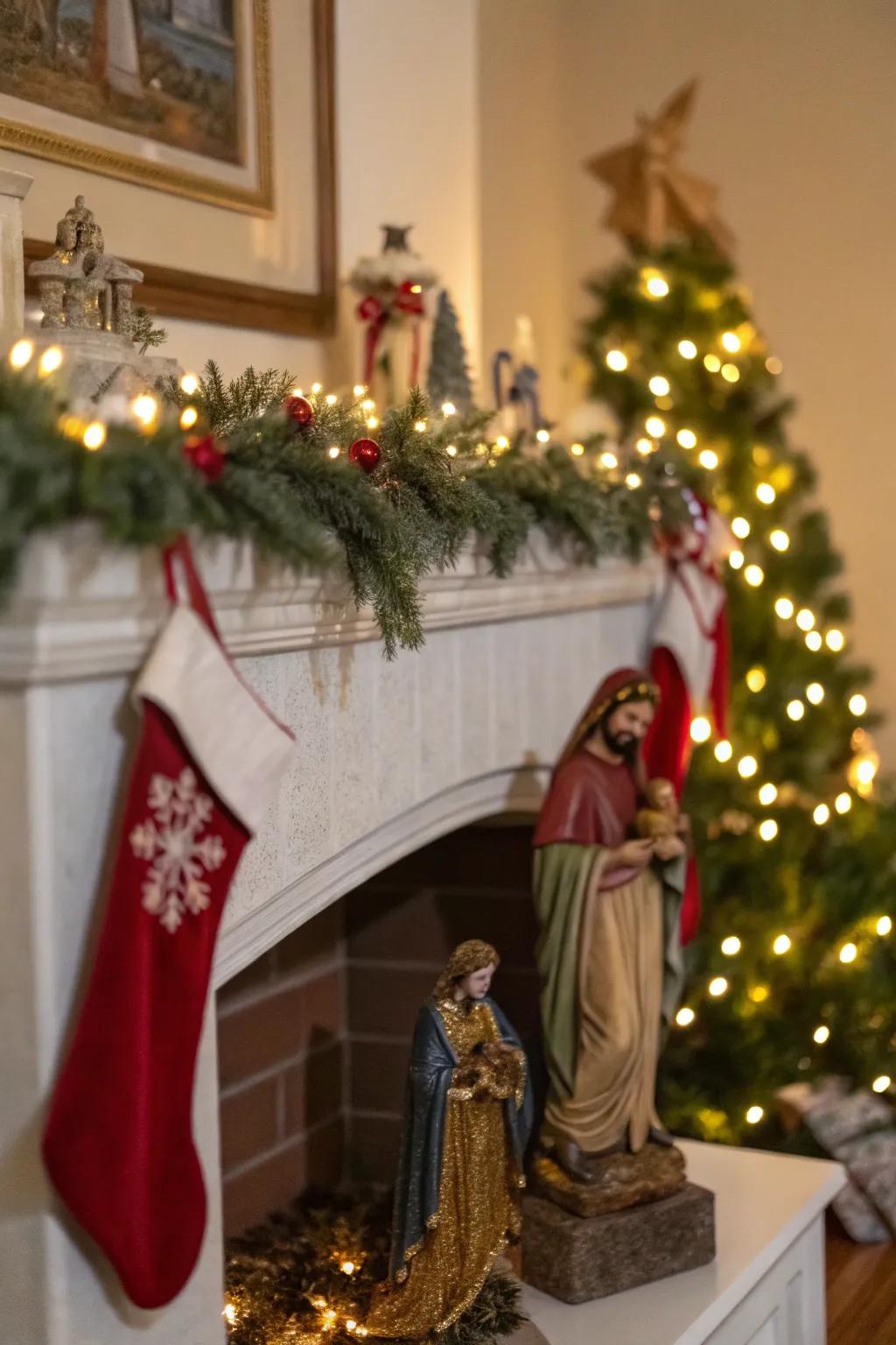 A nativity scene beautifully displayed on a festive mantelpiece.