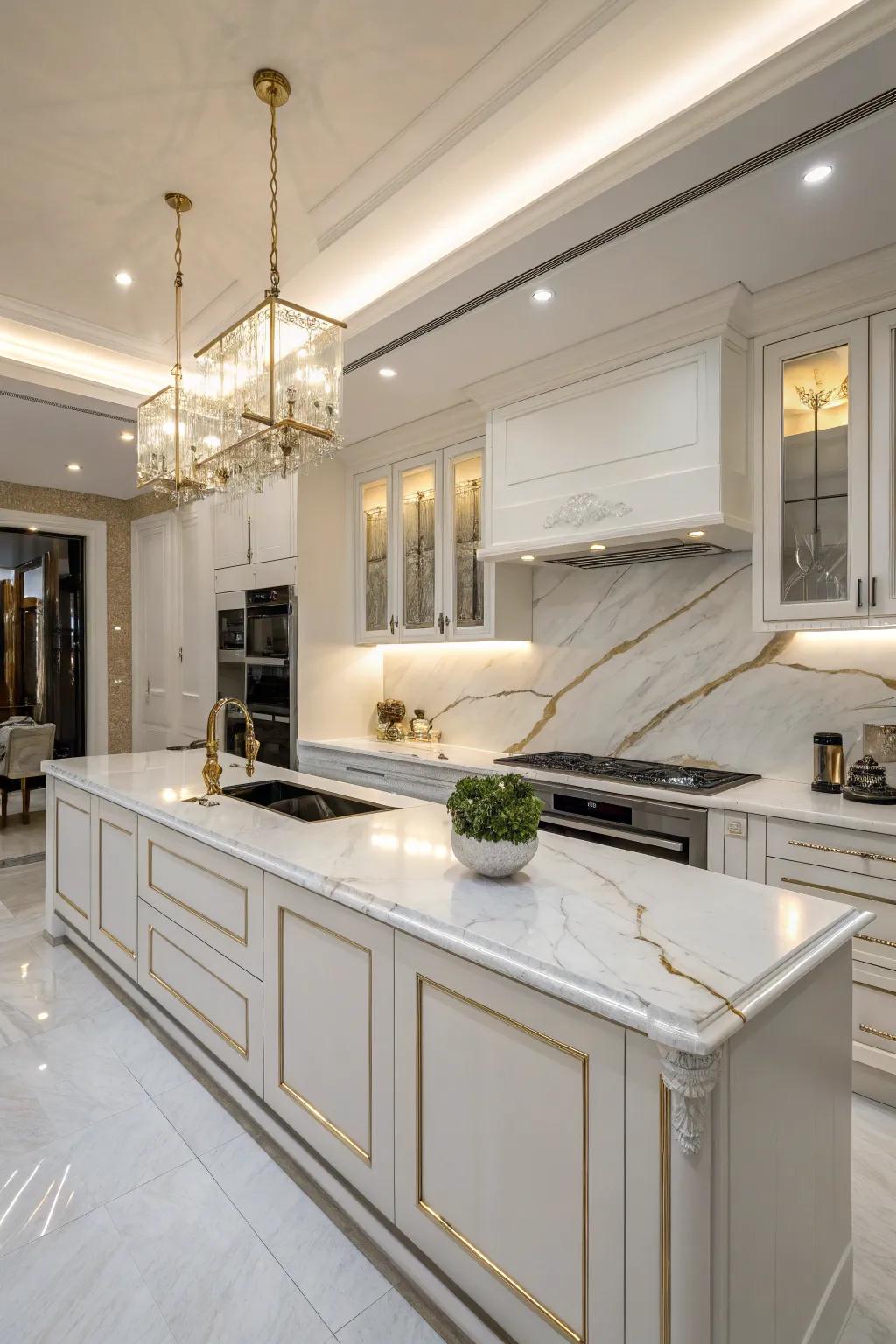 Luxurious marble countertops that elevate the kitchen's elegance.