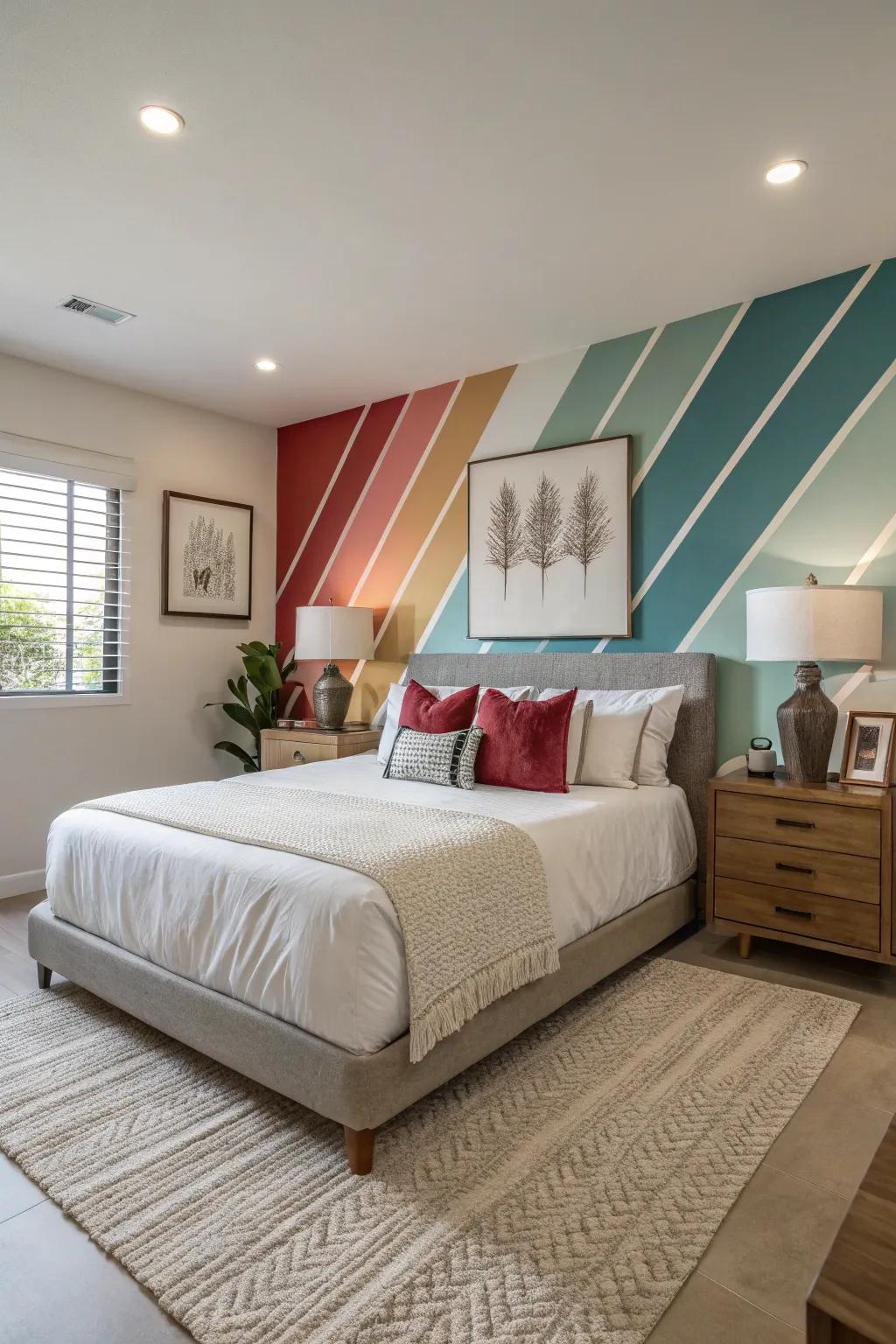 A bold color brings life to the wall behind the bed, creating a striking accent.