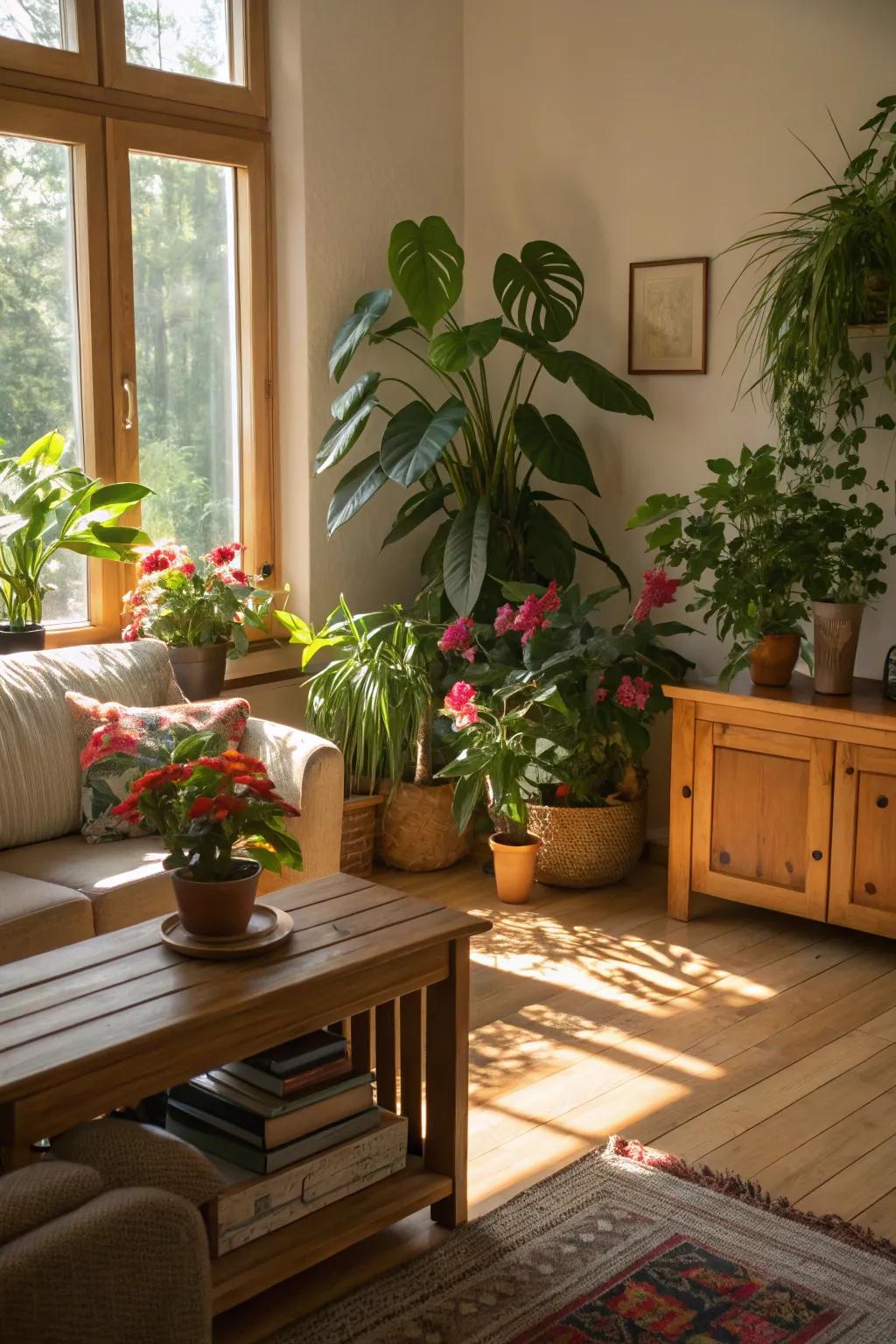 Bringing nature indoors with plants and wooden accents.