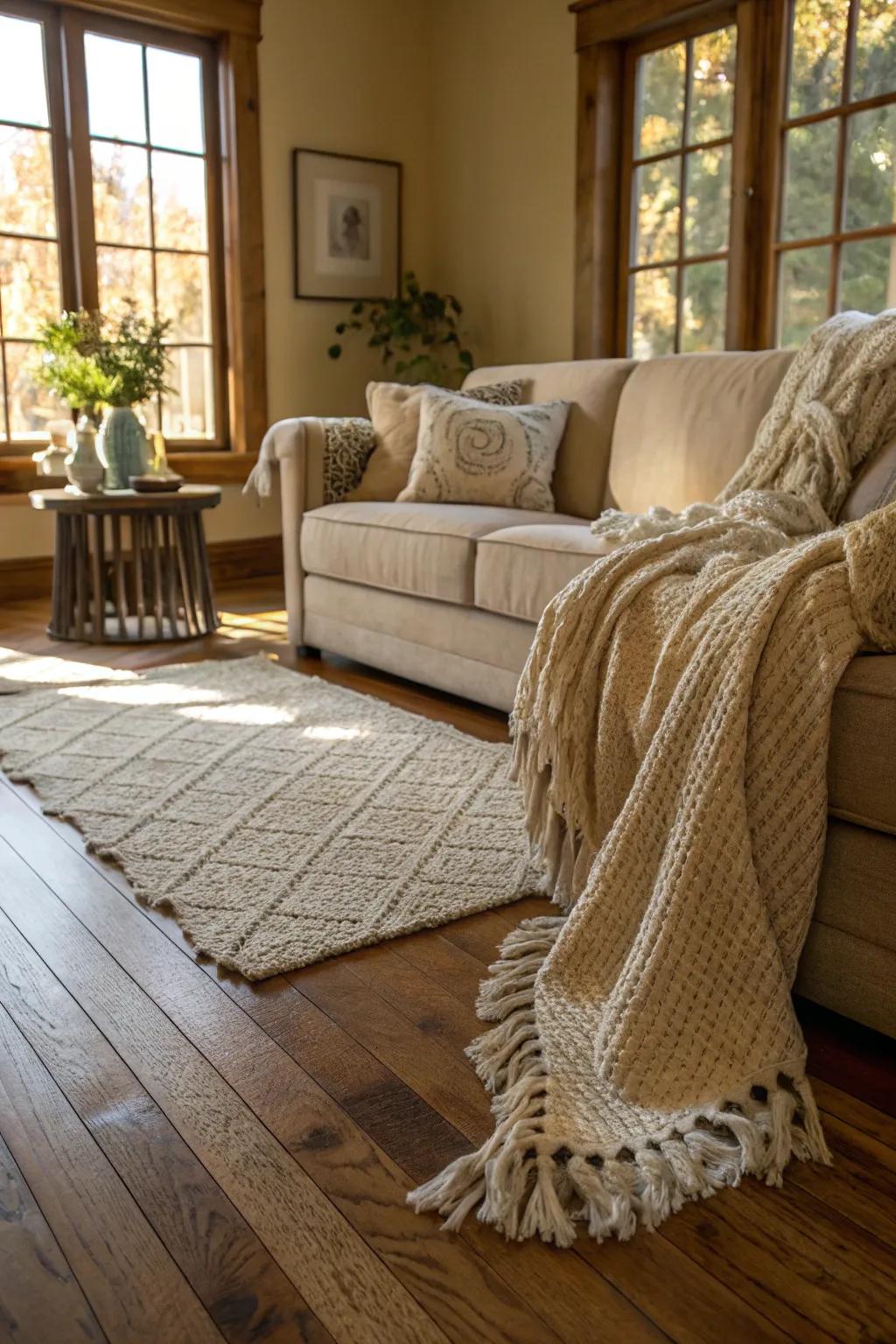 Textural layers add dimension and warmth to oak floors.