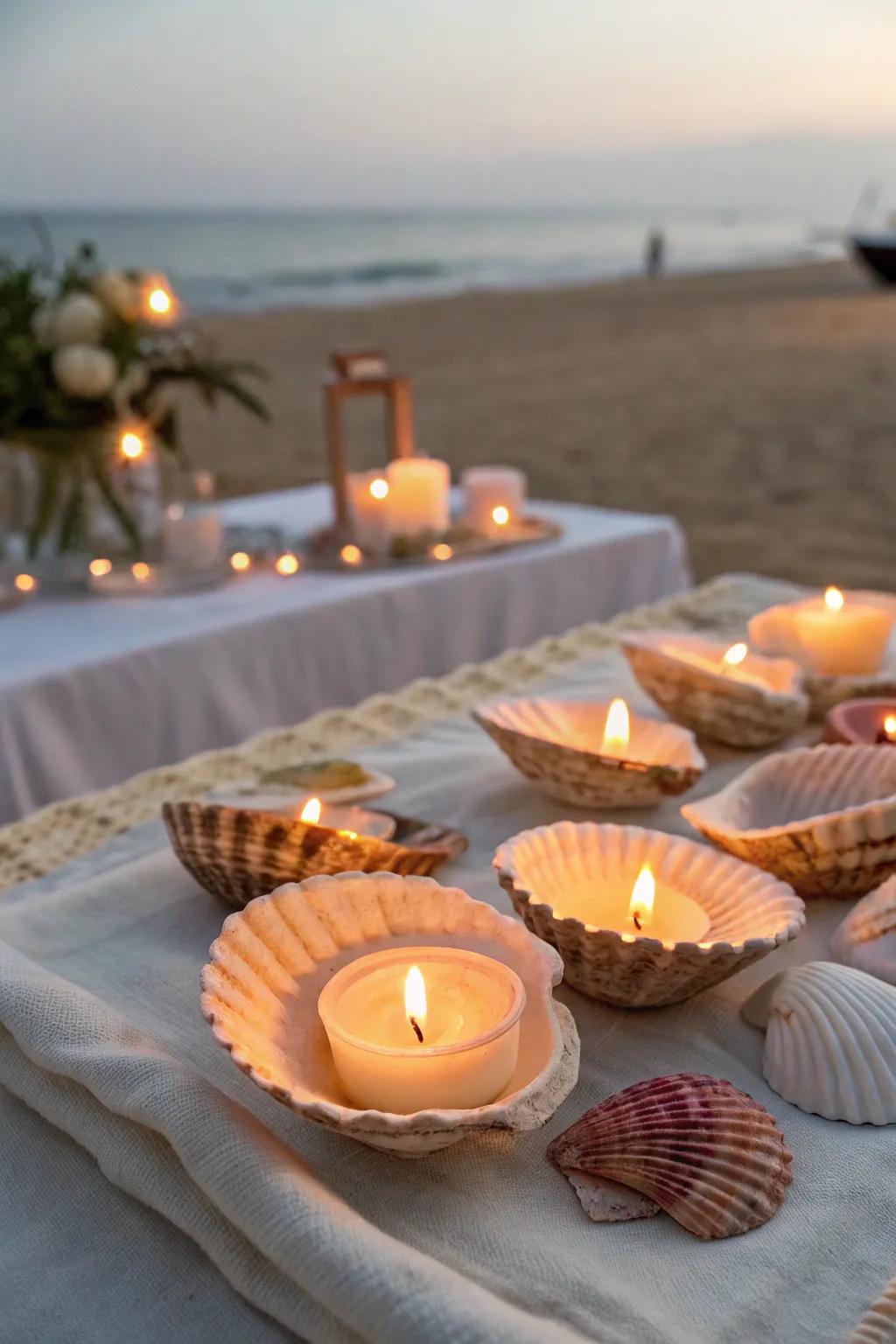 Seashell candles that add a warm and inviting glow to the party decor.