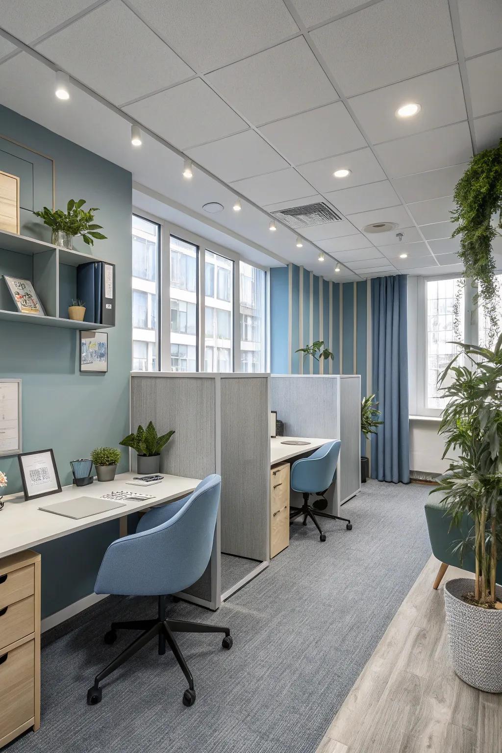 Gentle gray and blue shades establish a calming atmosphere, suitable for a reading space.