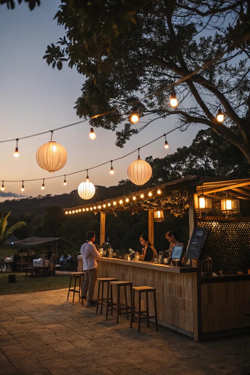 A coffee bar glowing with ornamental illumination, ideal for night enjoyment.