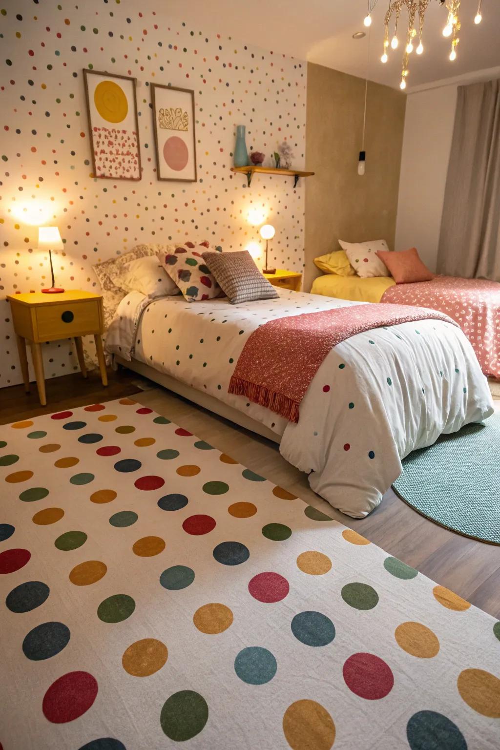 A guest room with charming polka dot-painted floors, presenting an enjoyable and inviting atmosphere.