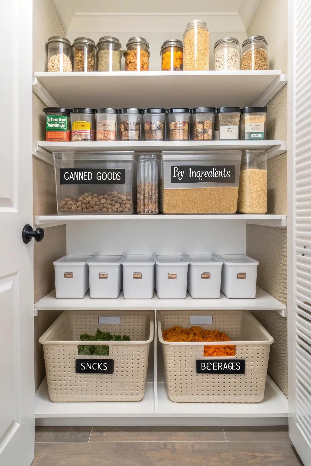 Zoned pantry with designated areas for various food types promotes efficient organization.