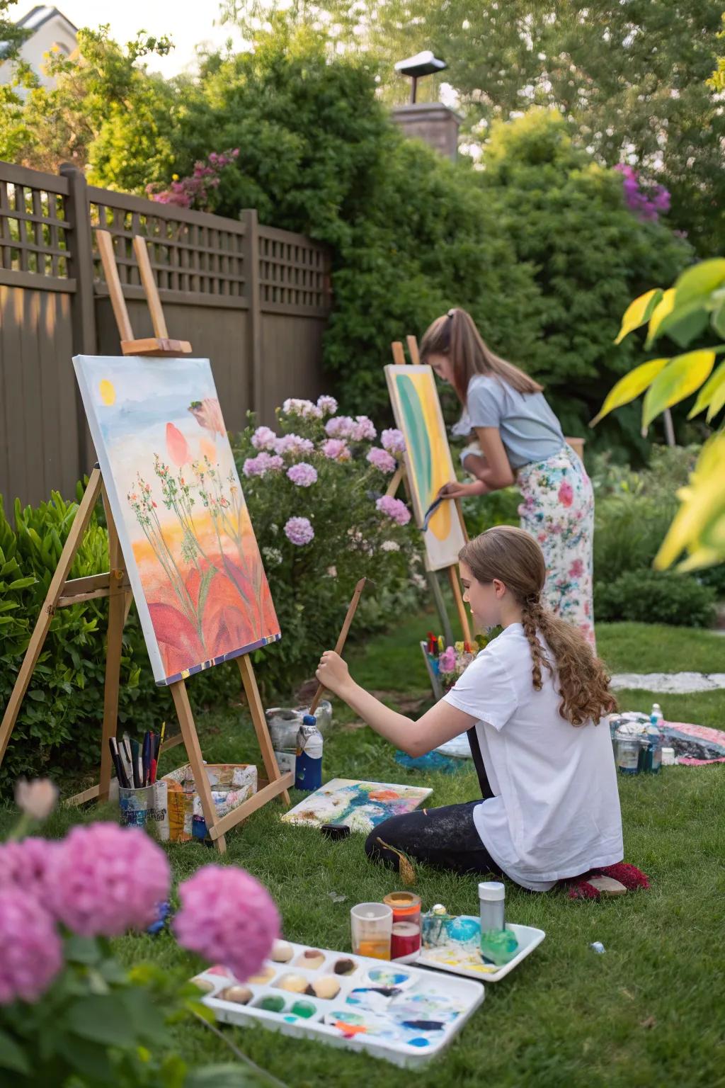 Teens expressing creativity at an outdoor paint party with vibrant colors.