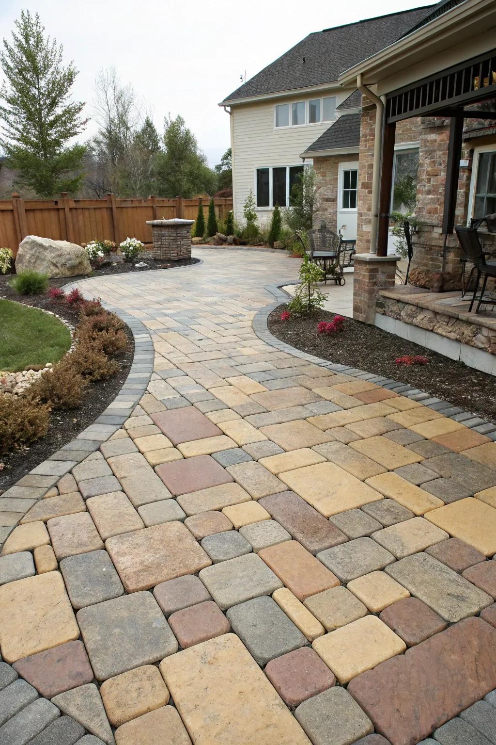 A paver patio featuring a mix of styles and colors, adding texture and visual interest.