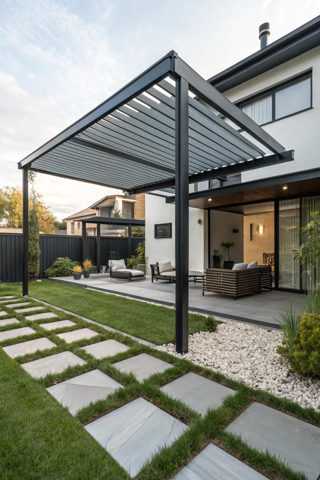 Durability and style converge with a metal pergola roof.