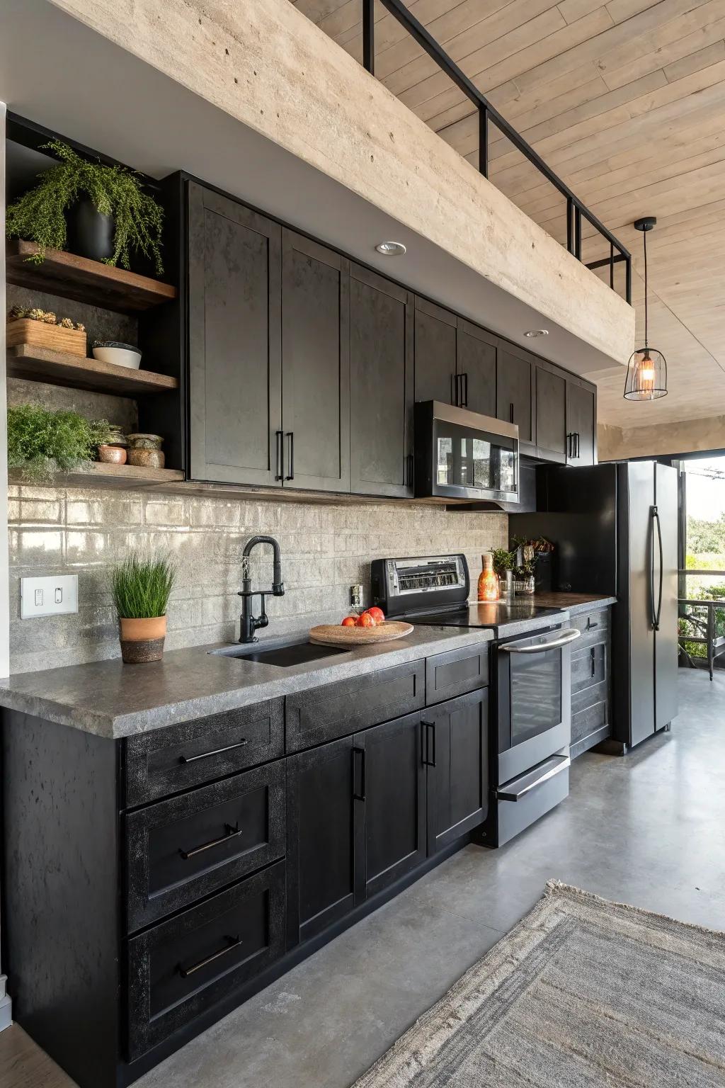 Concrete and black appliances create an industrial yet modern kitchen.