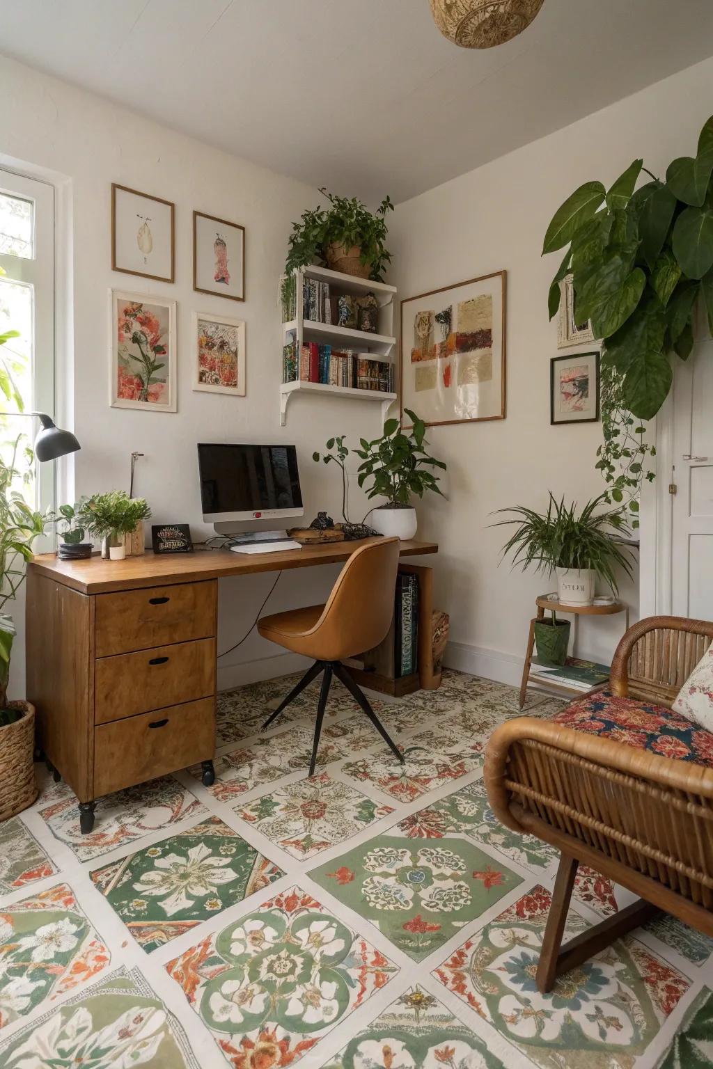 Flower-themed floors infuse this home office with natural allure.