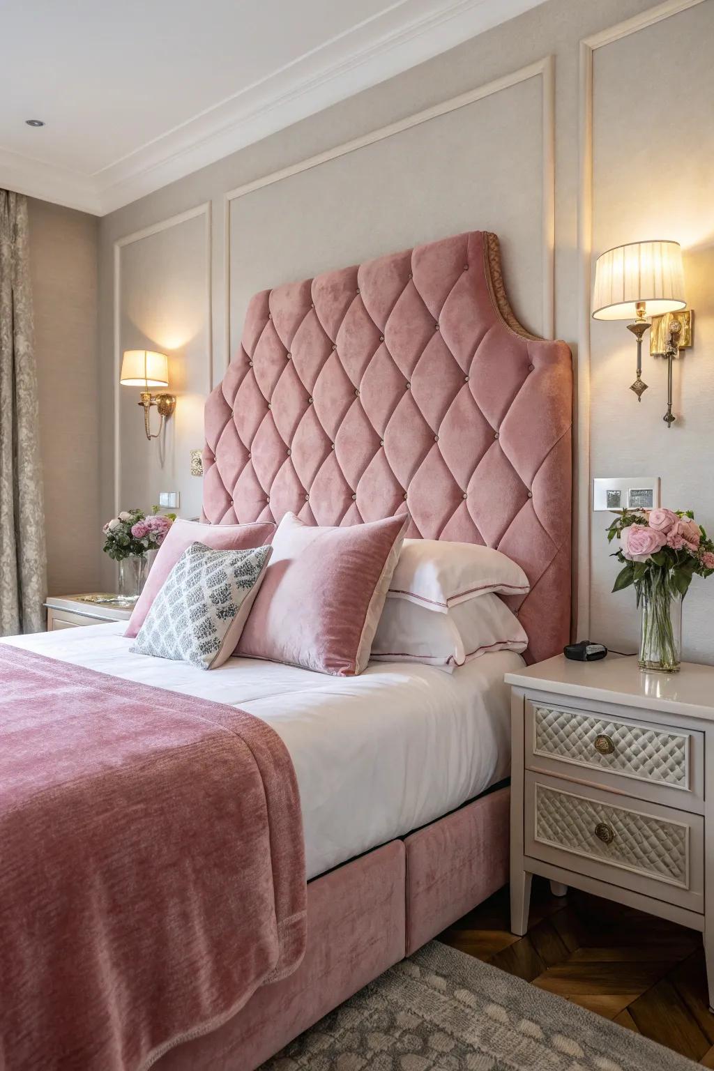 A luxurious pink velvet headboard adds elegance to this sophisticated bedroom.