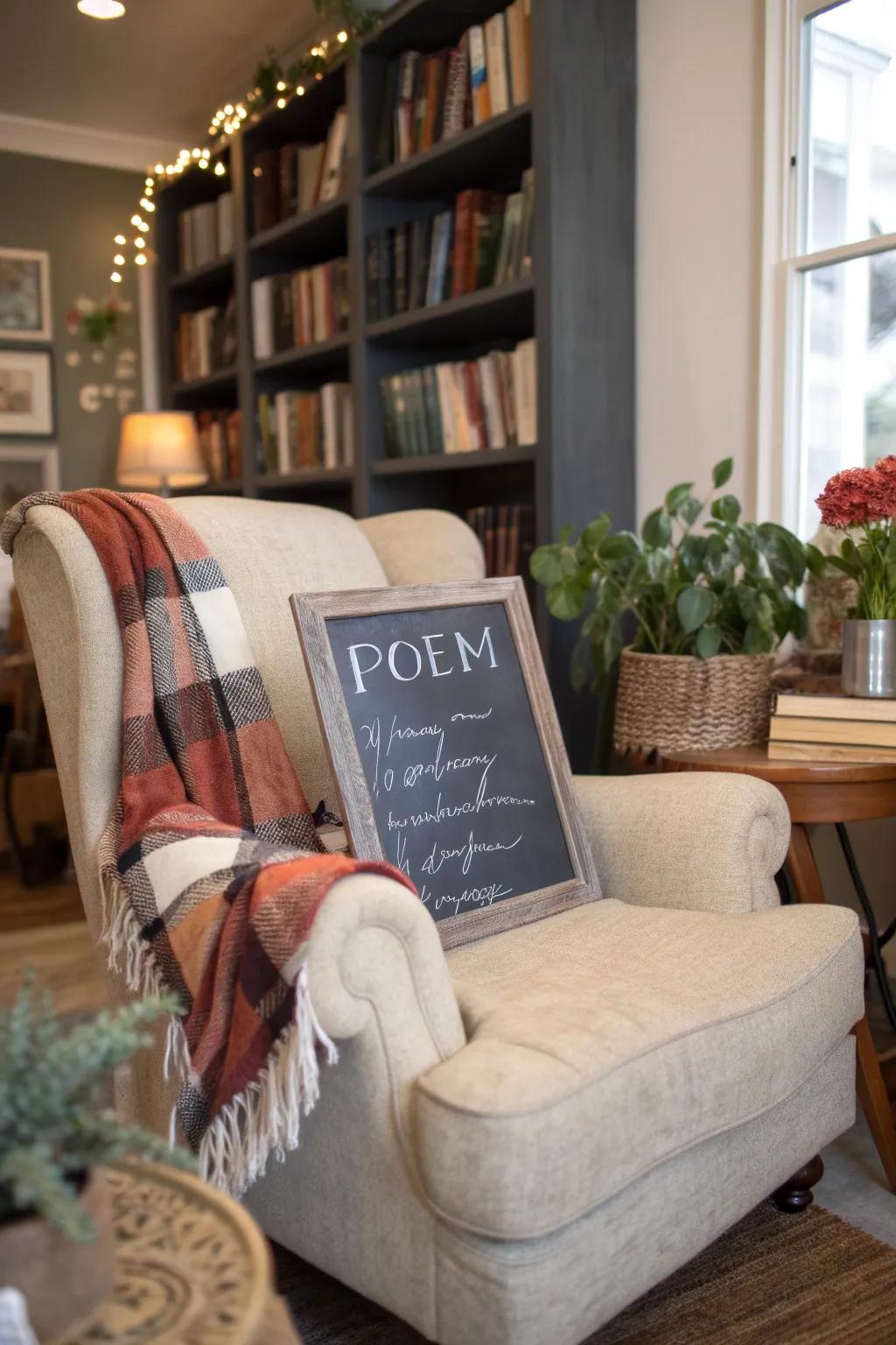 A chalkboard poem corner adds a dynamic literary touch to your home.