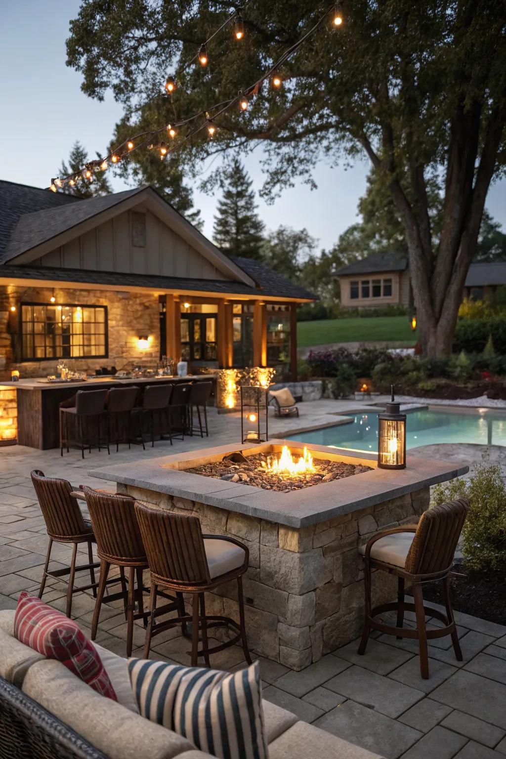 A fire pit bar offers warmth and ambiance by the poolside.