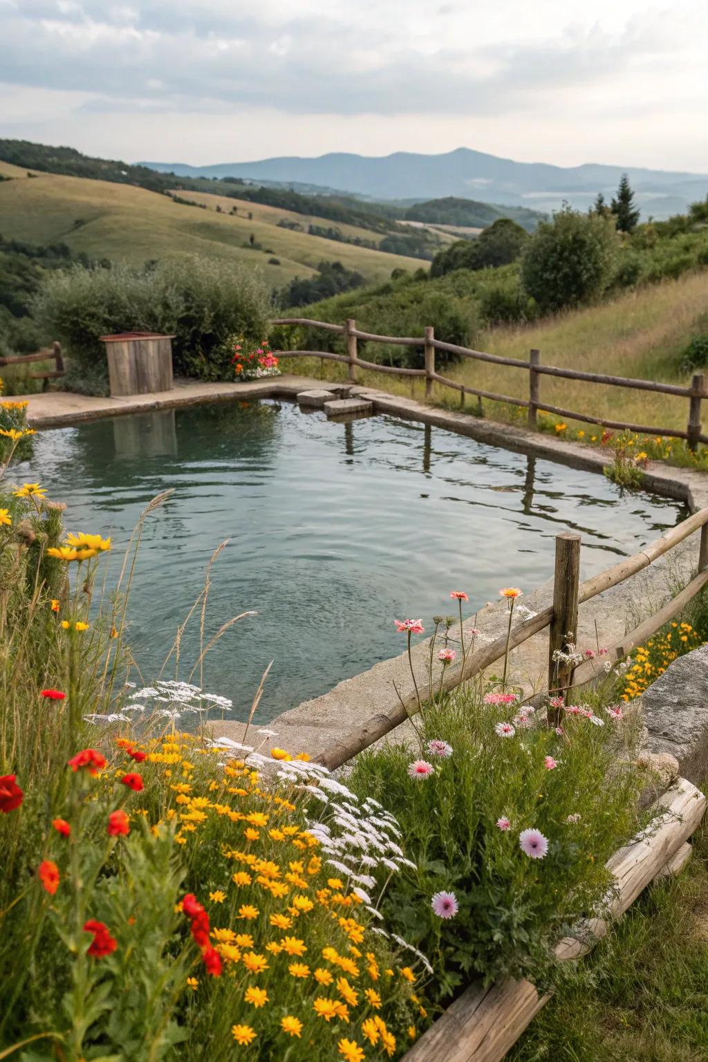 A pool pond exuding a charming rural aesthetic.
