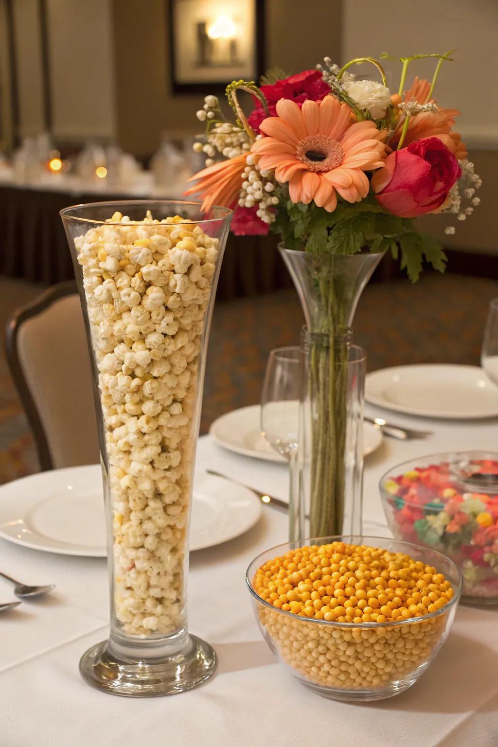 Popcorn centerpieces bring texture and color to any table setting.