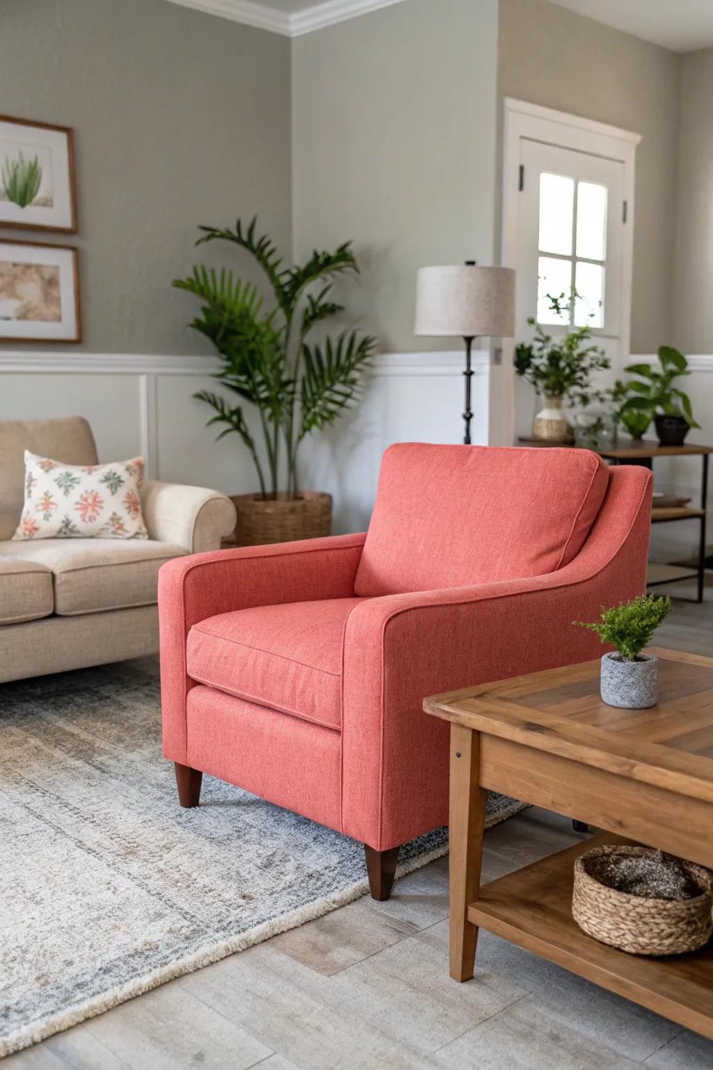 A coral armchair brings vibrant energy to any room.