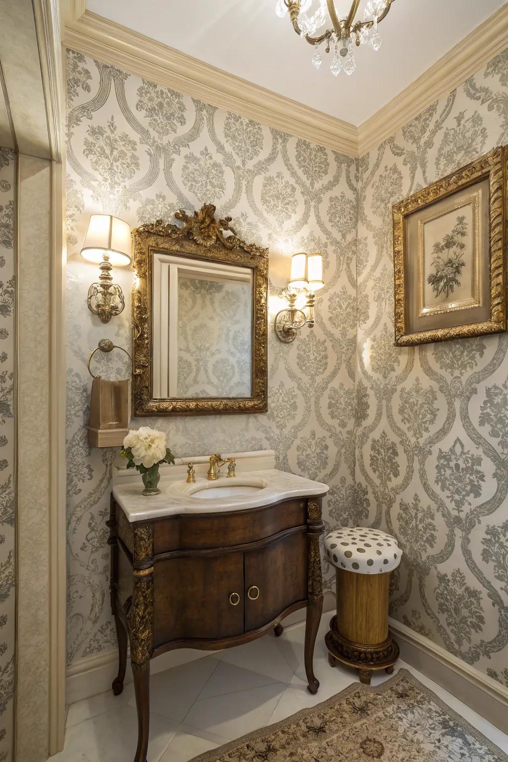 Damask patterns bring vintage charm and elegance to your powder room.