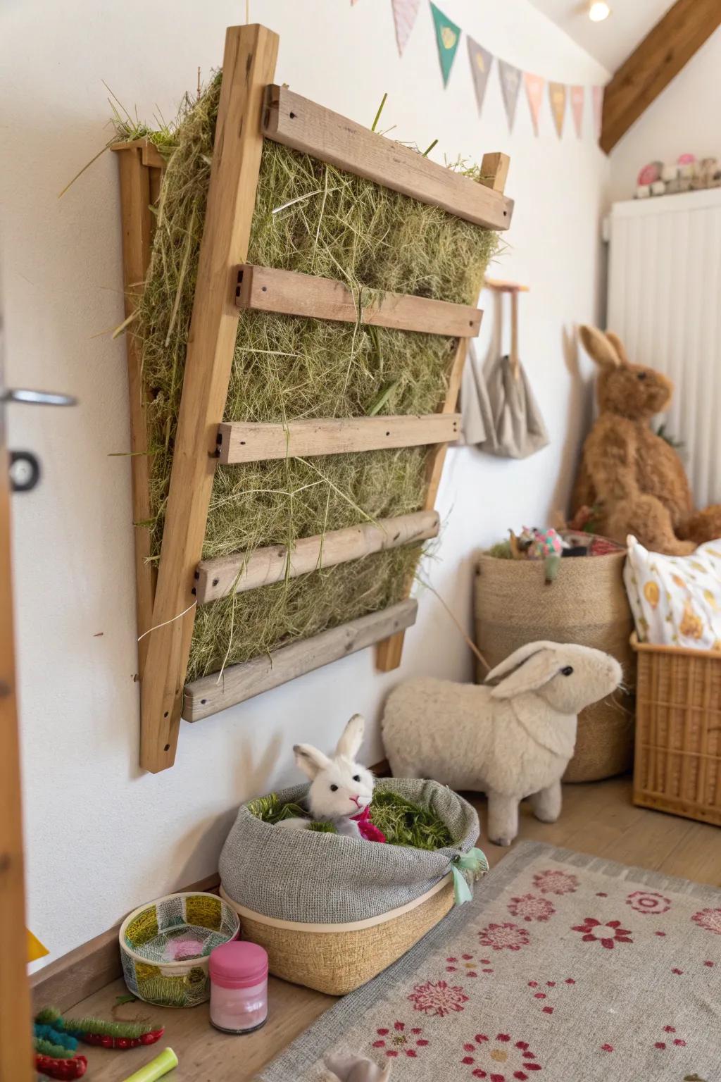 A DIY hay rack offering easy access for rabbits.