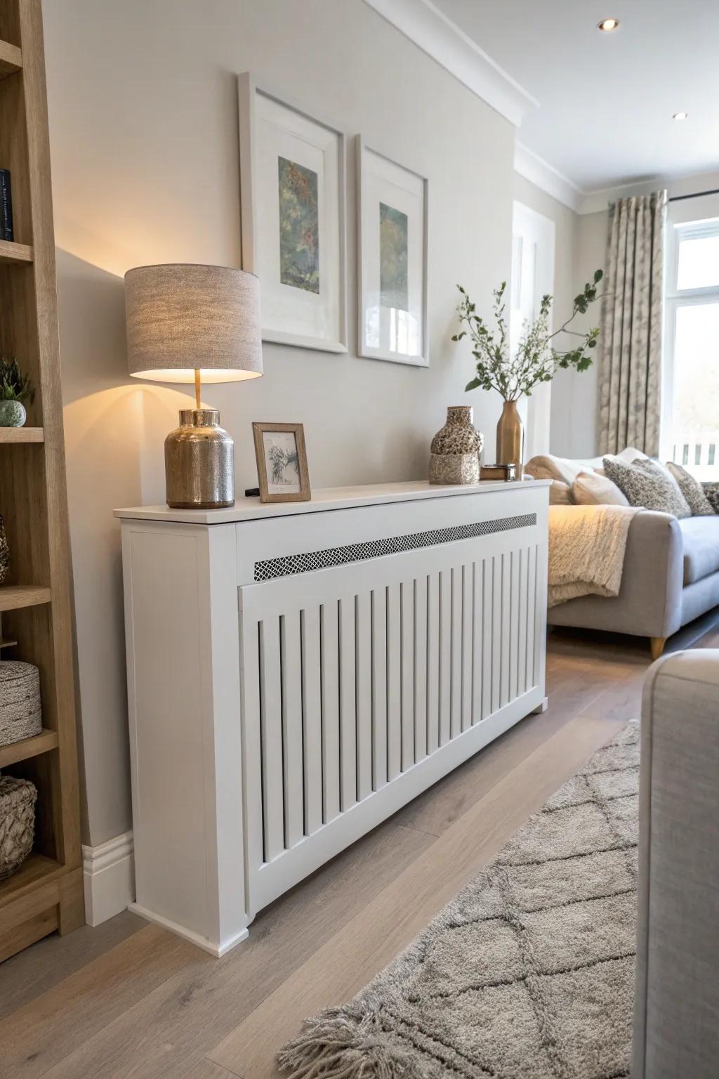 A minimalist radiator cover enhances the clean aesthetic of a modern living space.