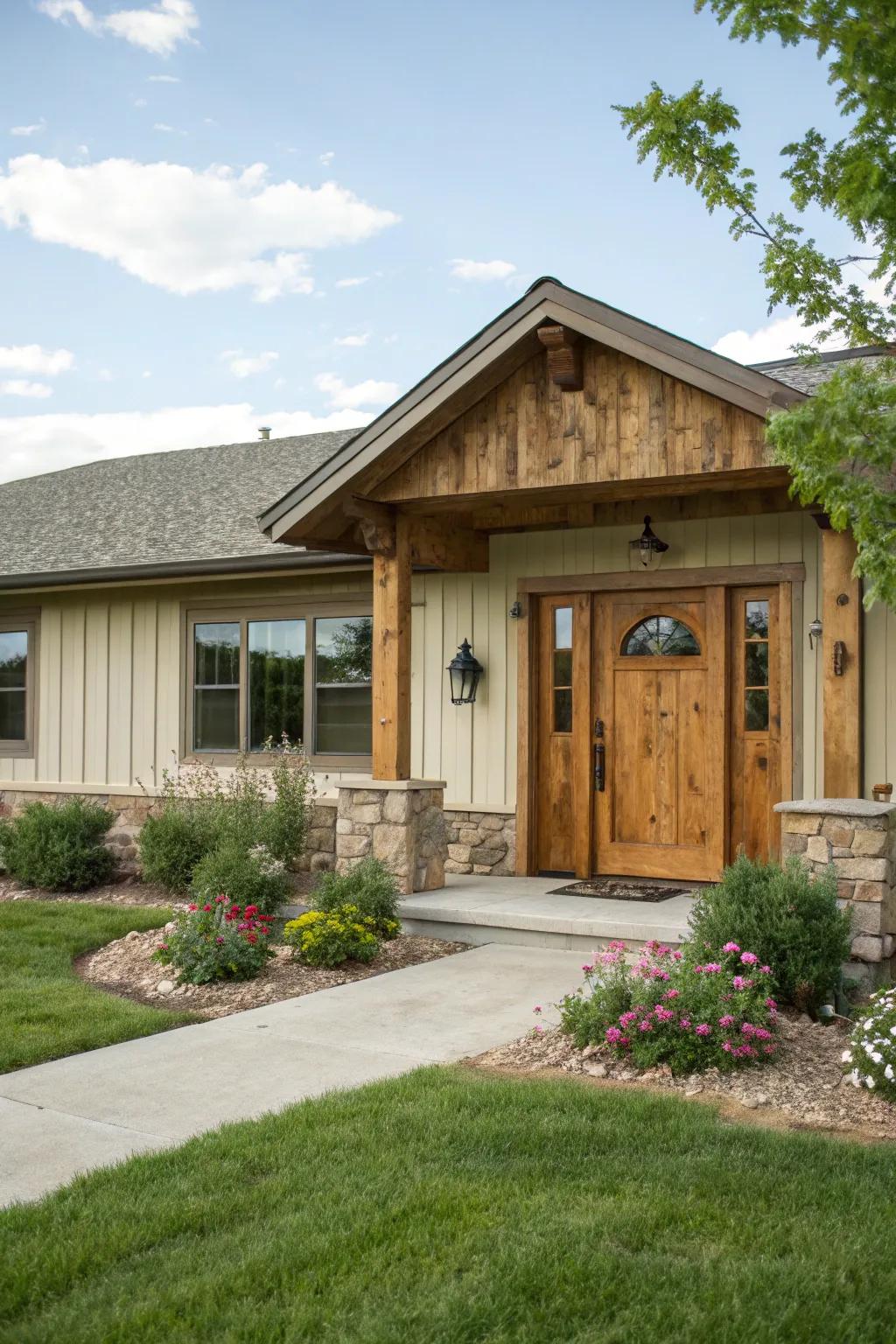 Farmhouse flair with a rustic wooden door.