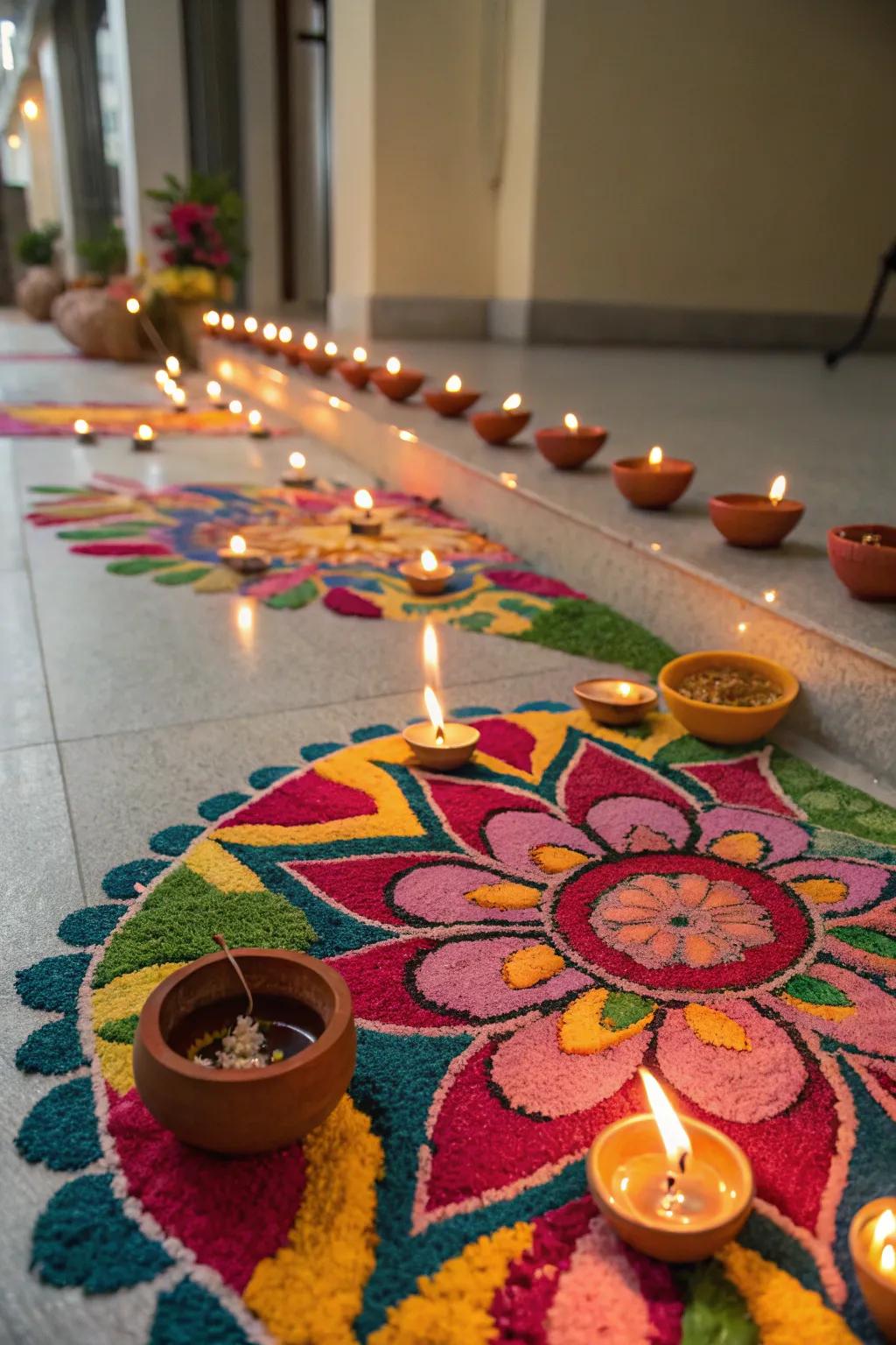 Diyas contribute a cozy and magical shine to this festive rangoli.