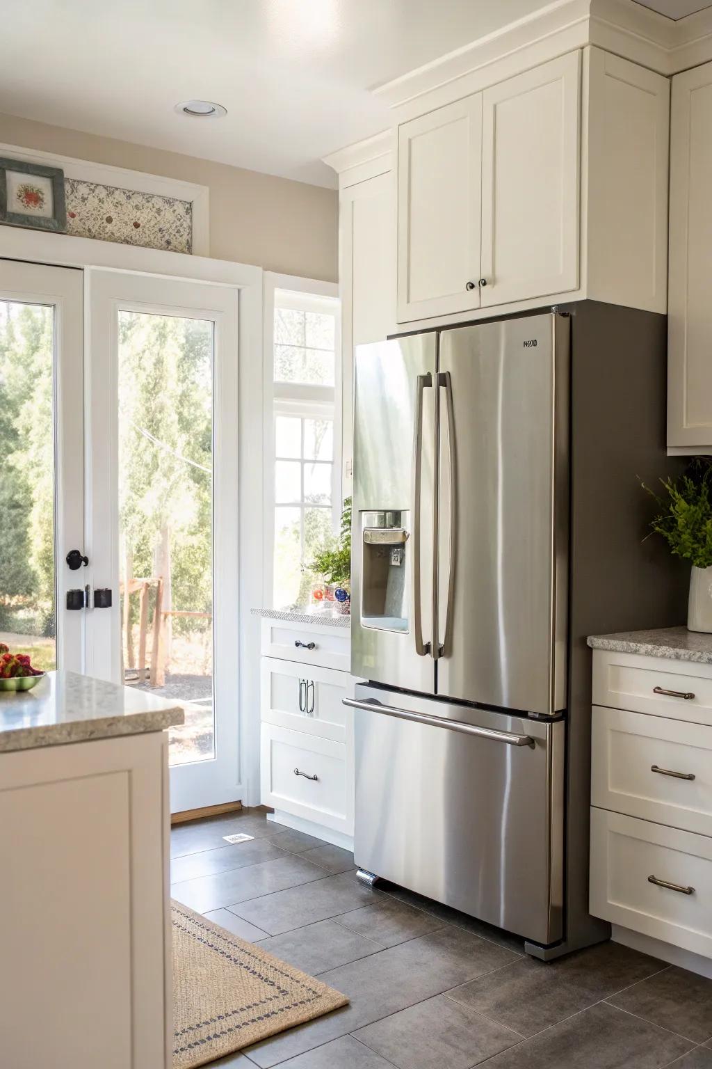 A cooking space showcasing an elegant French door 'ice-box'.