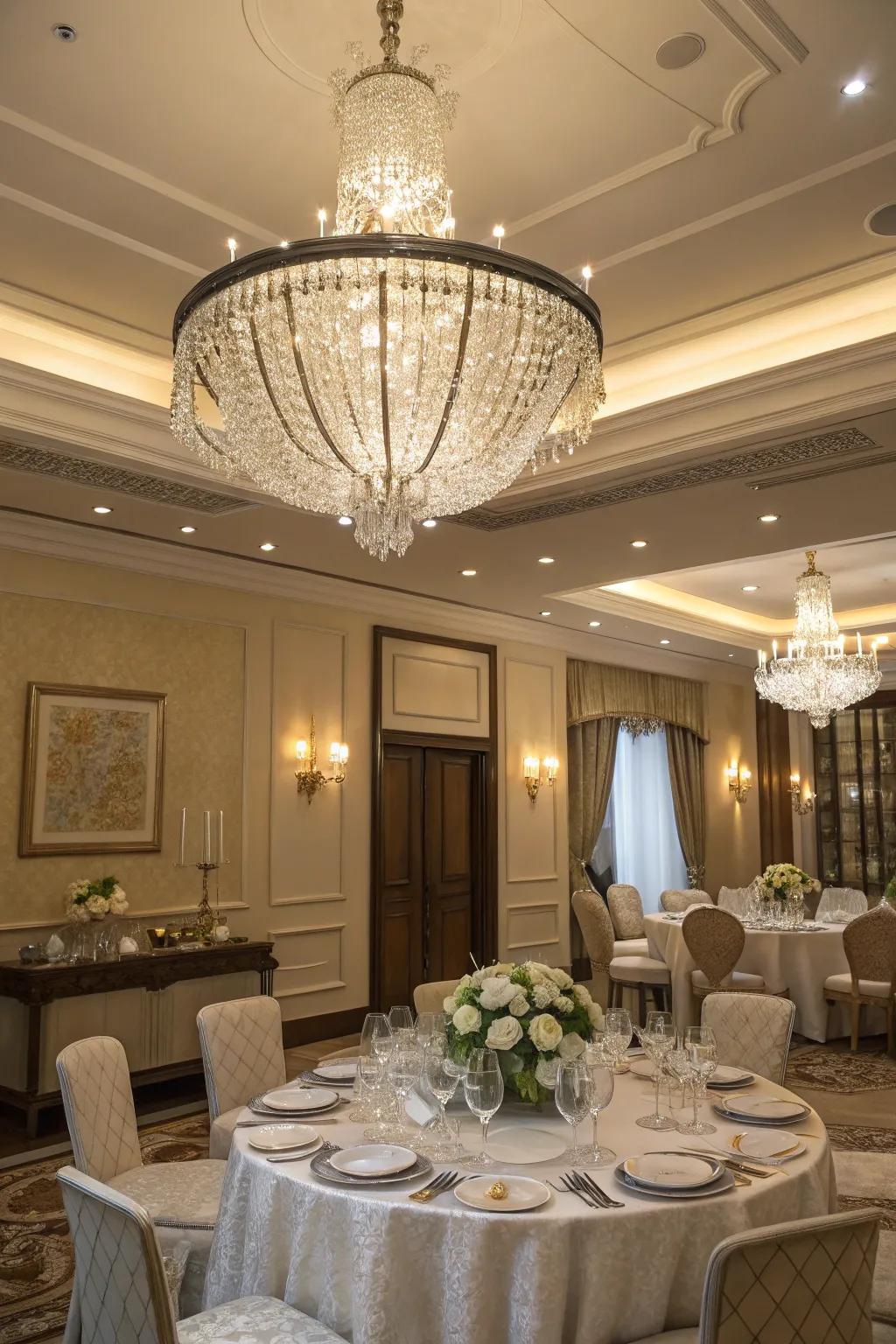 A chandelier enhances your dining experience with class and sparkle.
