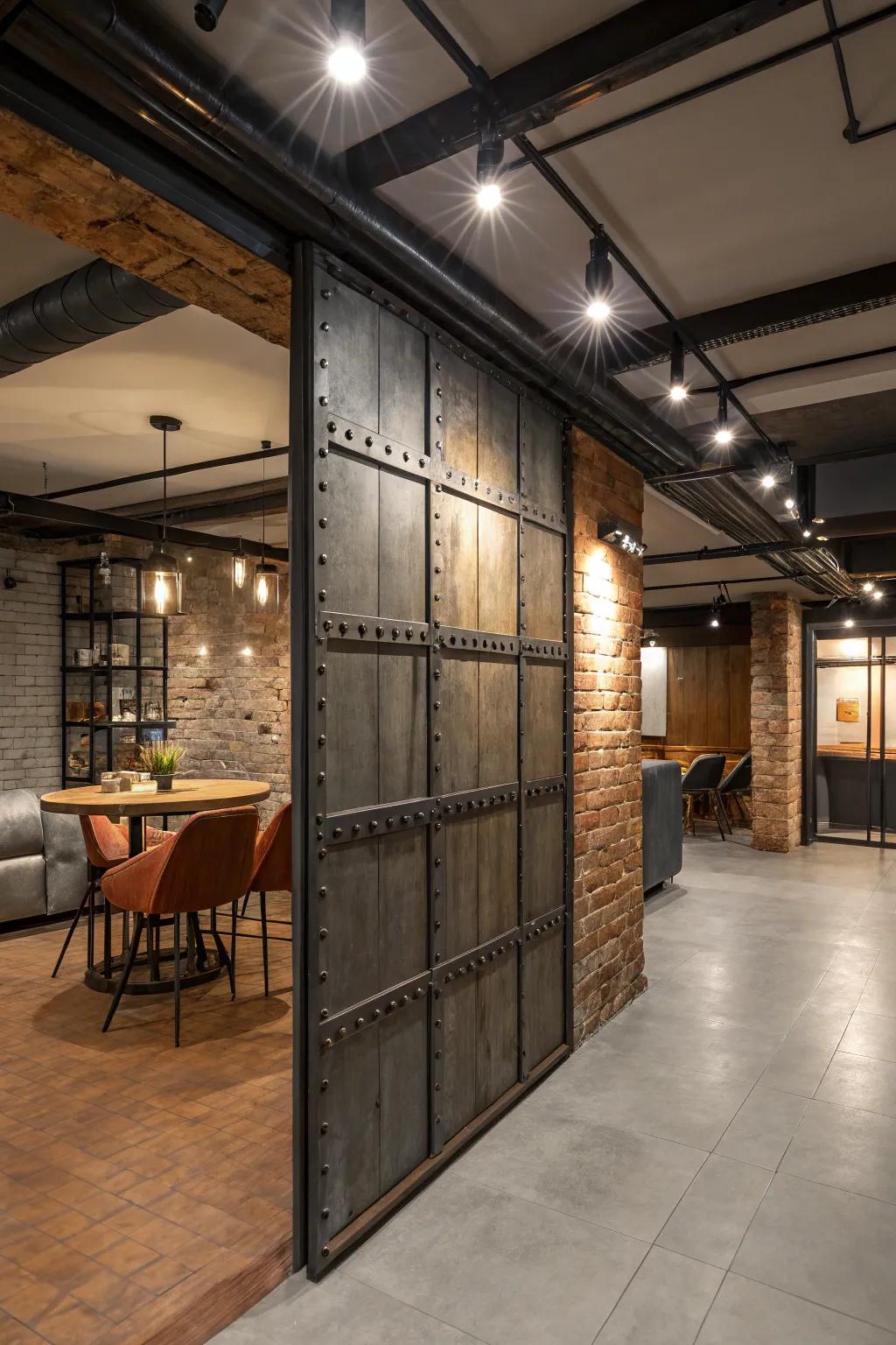 Industrial-style partitions add a distinctive edge to your basement.